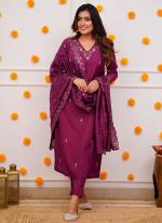 Roman Silk Magenta Festival Wear Sequins Work Readymade Straight Suit